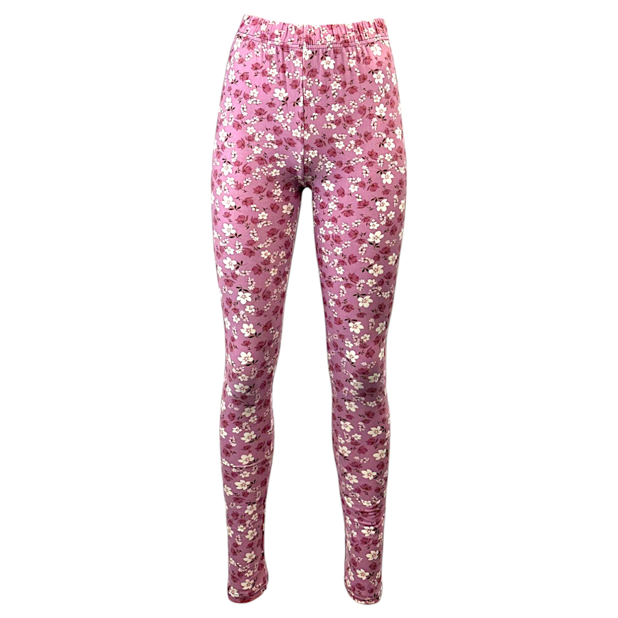 Girls duck egg blue floral print leggings – soft full-length pants with white flower design, casual and comfortable fit.